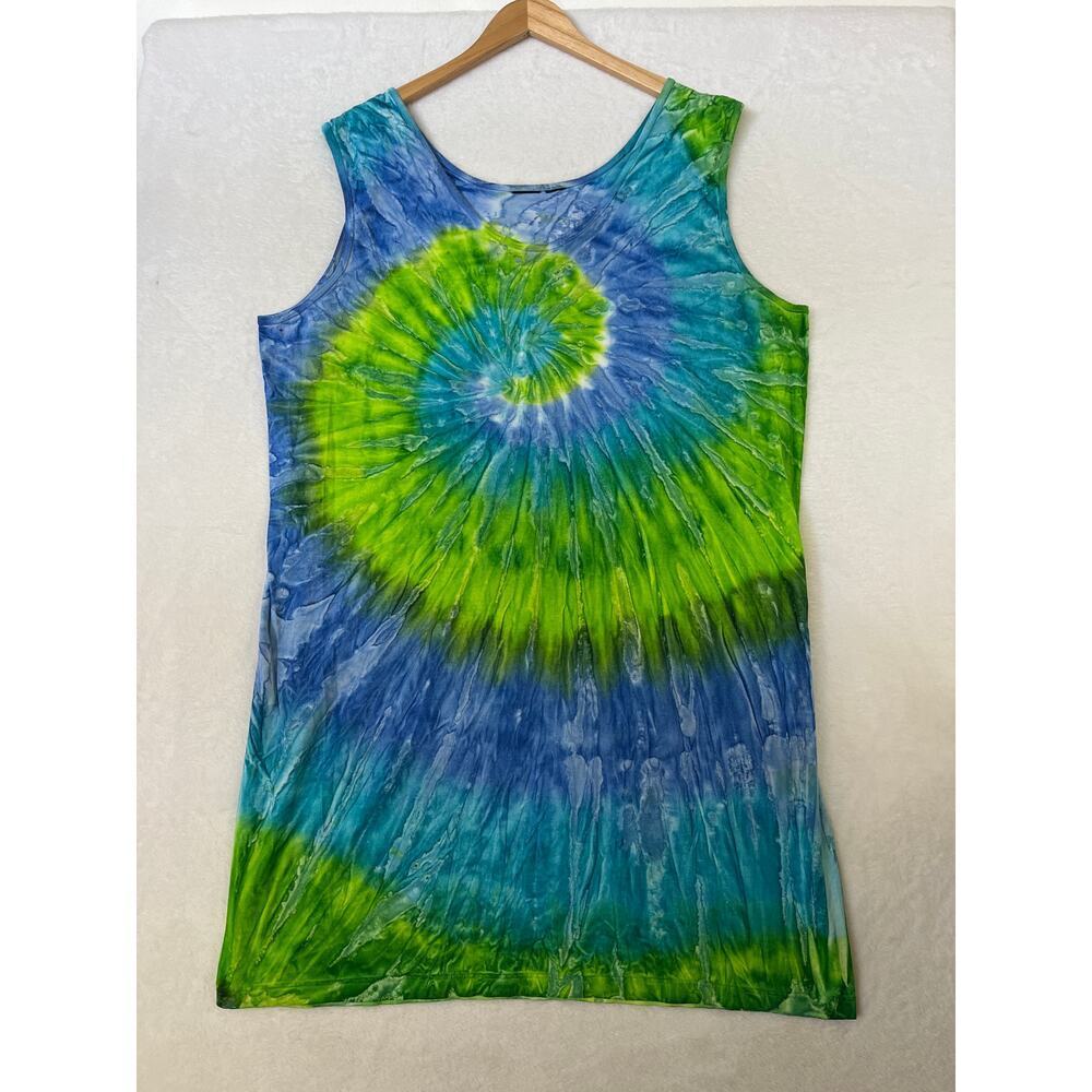 VTG Blue Green Swirl Tie Dye Beach Coverup Tank Dress Oversize 90s No Brand
